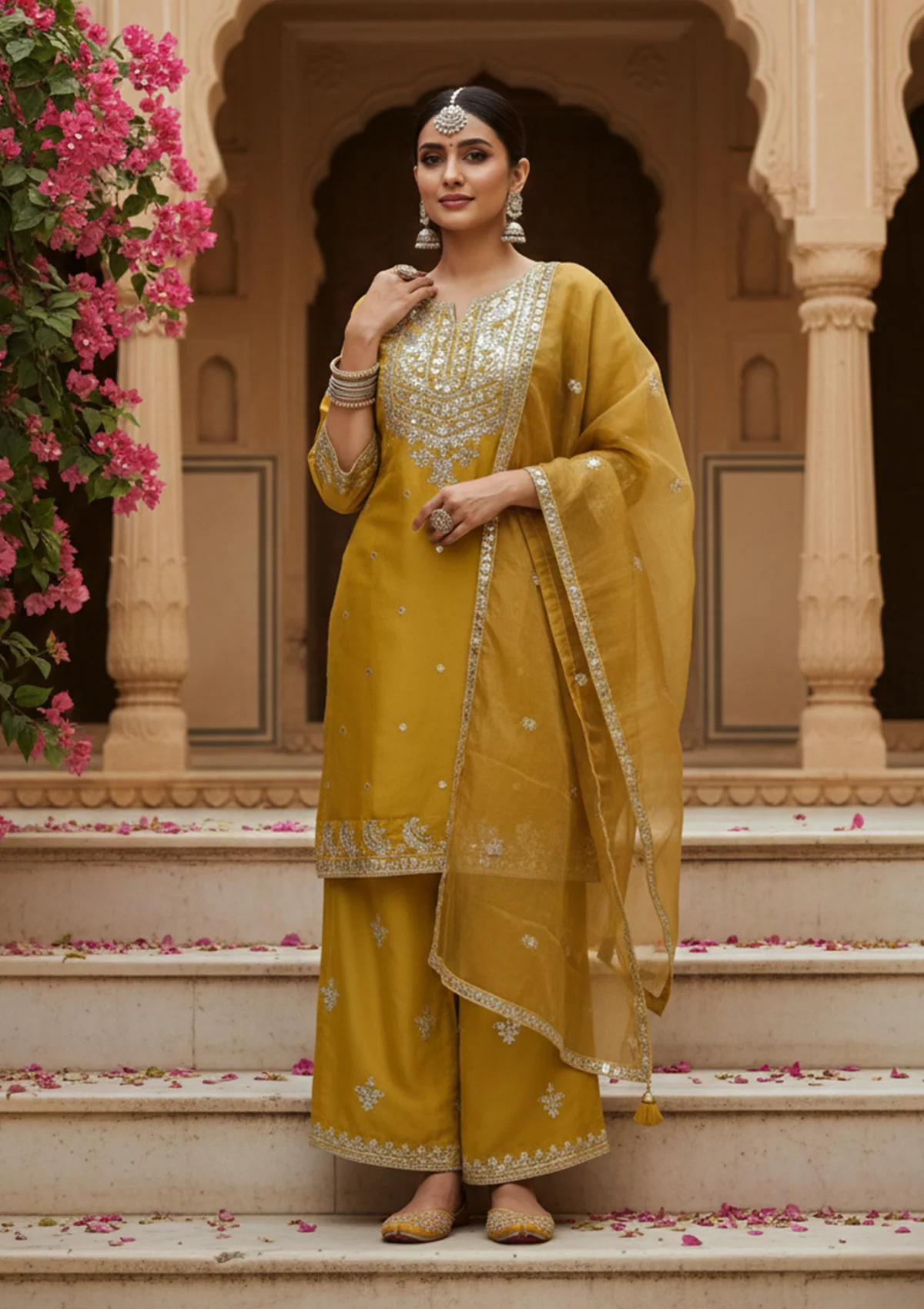 Mustard Yellow Art Silk Sequins Straight Kurta With Palazzo And Dupatta